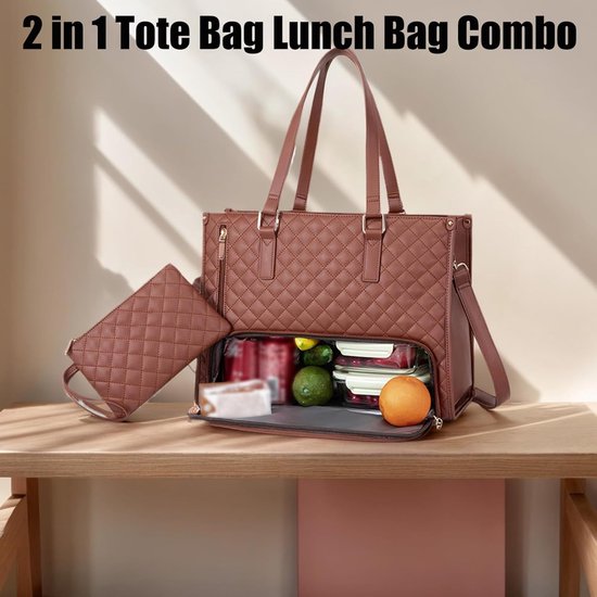 koeltas - Lunchtas - Lunchtassen voor vrouwen - Handtas - 15,6 inch 2 in 1 draagtas - Insulated Lunch Bag Combo - Large Tote with Lunch Compartment - Witte PU buitenlaag + polyester voering van Esyhomi — afbeelding 5