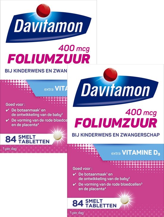 Davitamon Foliumzuur met Vitamine D3 - Voor -en tijdens zwangerschap - Bij kinderwens - Voedingssupplement - 2 x 84 stuks - BUNDEL