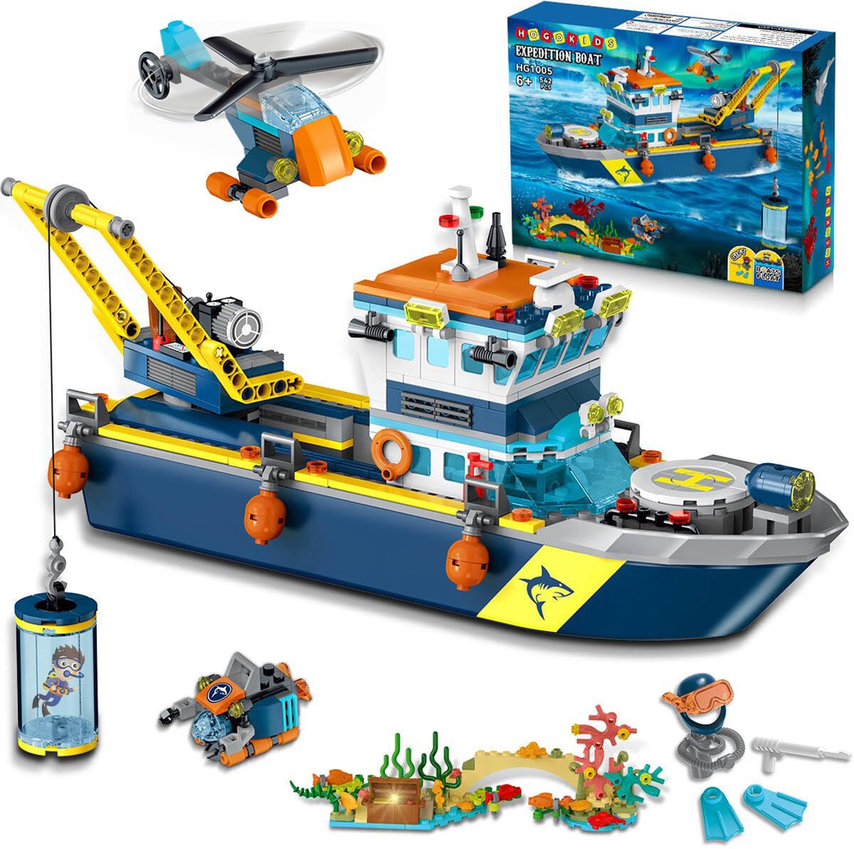 HOGOKIDS City Drijvende Boot Bouwsets - LED-licht - 542 Delen - Helikopter Haaienkooi Bouwpakketten Volwassenen - voor 6 jaar