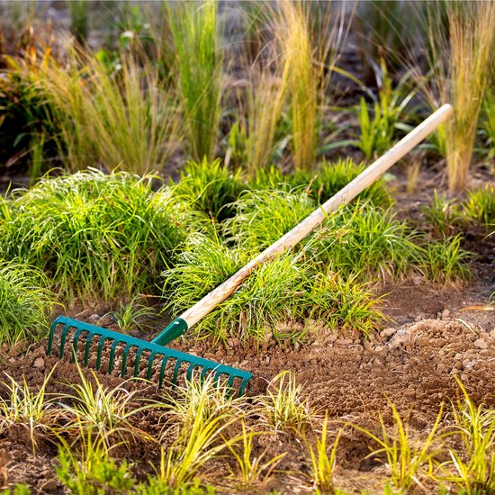 KADAX Hark van metaal, platte hark met steel van hout, bladbezem voor tuin, bloembed, bladbreken, gazonhark, groen, tuingereedschap, hooikoork, tuingereedschap, hark (16 tanden) van Merkloos	 — afbeelding 4