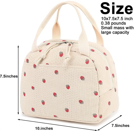 Lunchtassen voor dames en heren, schattige corduroy lunchtas, herbruikbare geïsoleerde lunchbox, grote herbruikbare geïsoleerde koelbox, geschikt voor picknicks op het werk of op reis van Lunchtassen — afbeelding 2