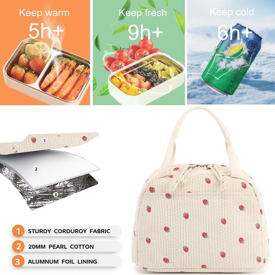 Lunchtassen voor dames en heren, schattige corduroy lunchtas, herbruikbare geïsoleerde lunchbox, grote herbruikbare geïsoleerde koelbox, geschikt voor picknicks op het werk of op reis van Lunchtassen — afbeelding 4