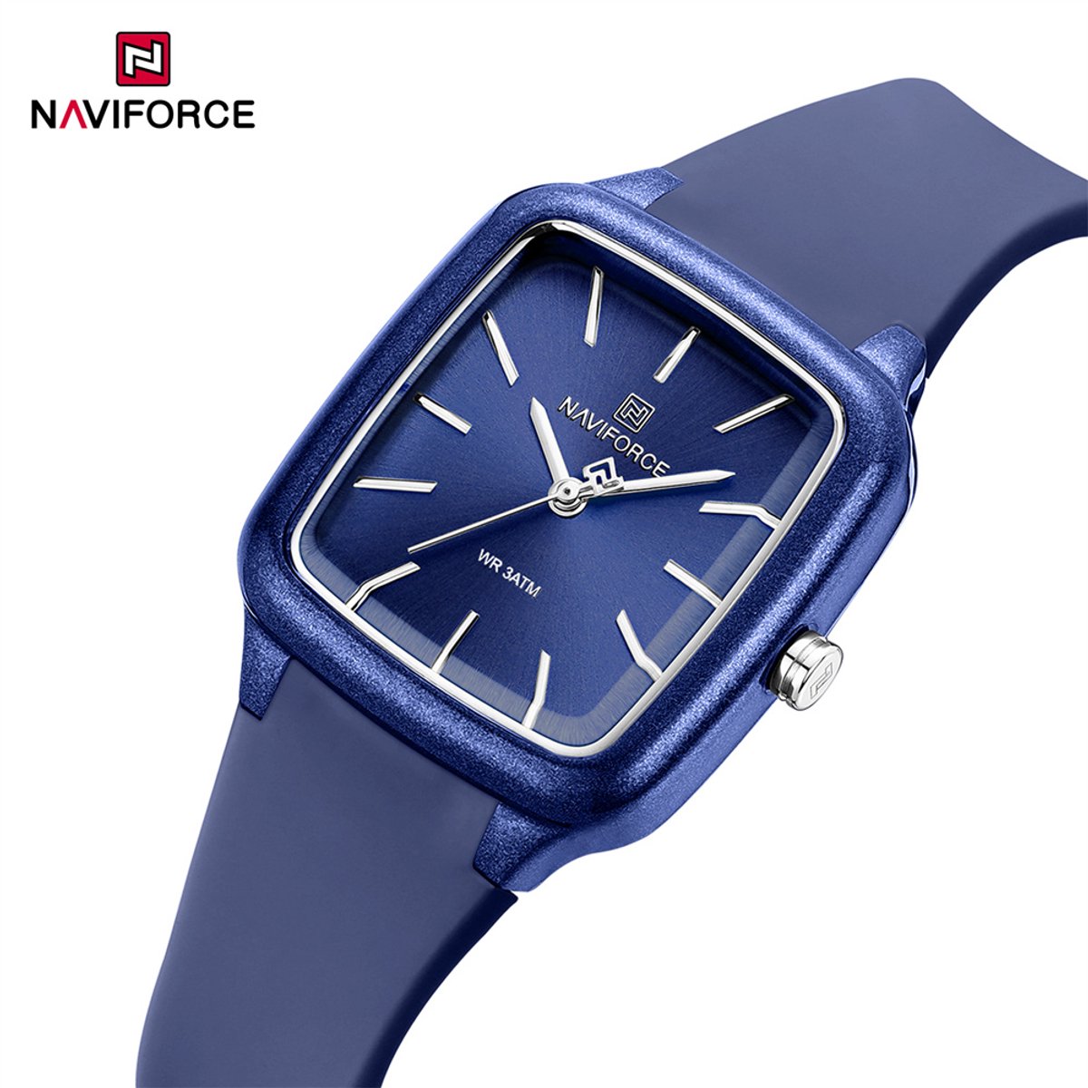 NAVIFORCE horloge met blauwe gefumeerde siliconen polsband, blauwe wijzerplaat, blauwe horlogekast en zilveren wijzers voor dames met stijl ( model 5055 BEBE )