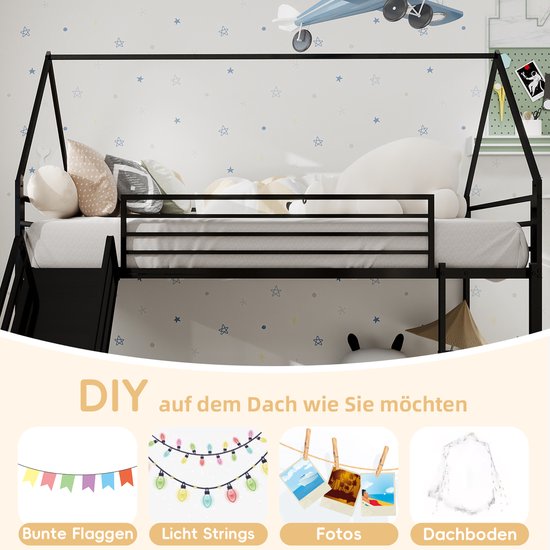 Lit Superposé Enfant 90x200 Cm Avec Toboggan Et Escalier Rangement - Bois Massif, Sommier Lattes - Barrières Hautes - Sans Matelas