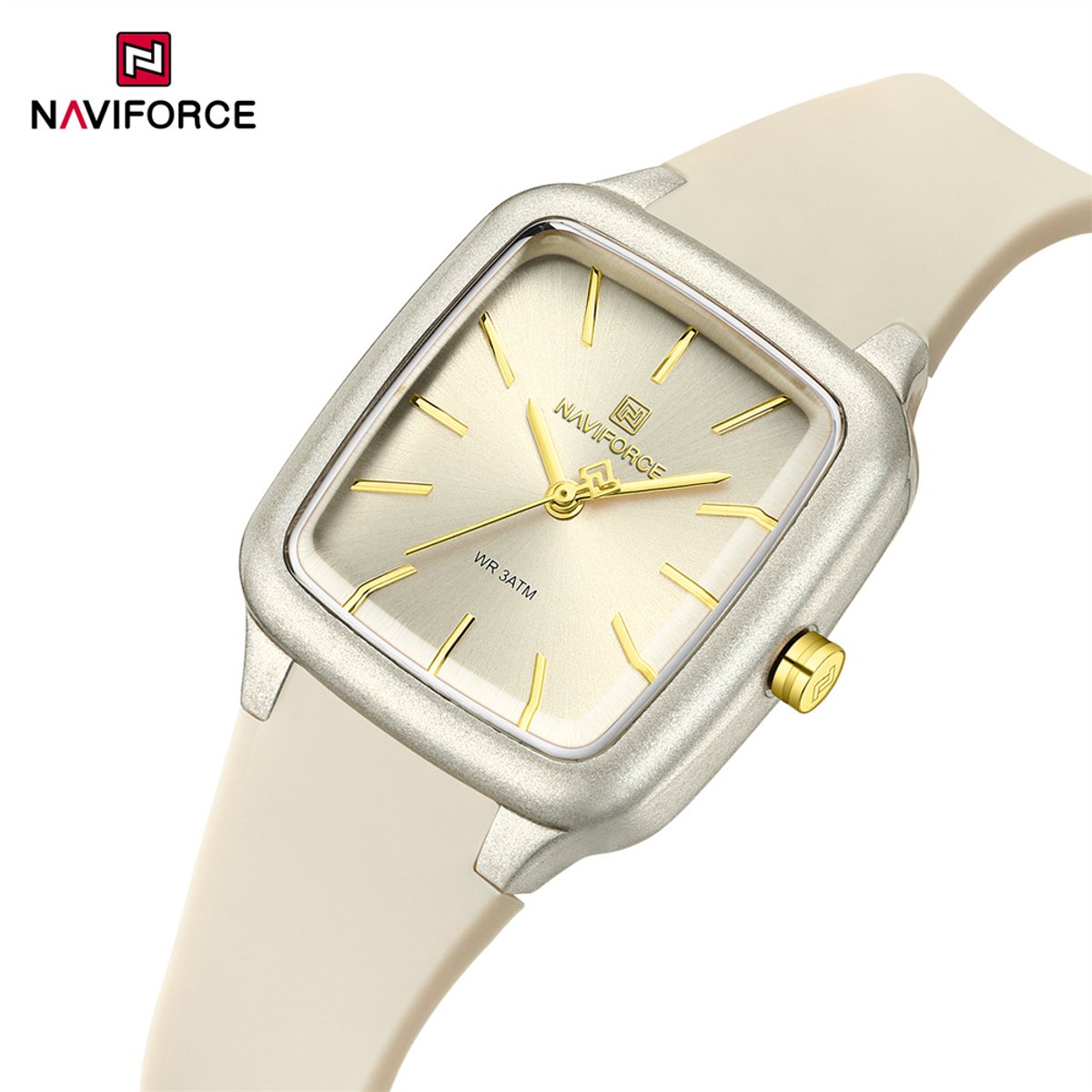 NAVIFORCE horloge met beige gefumeerde siliconen polsband, beige wijzerplaat, beige horlogekast en gouden wijzers voor dames met stijl ( model 5055 BGBG )