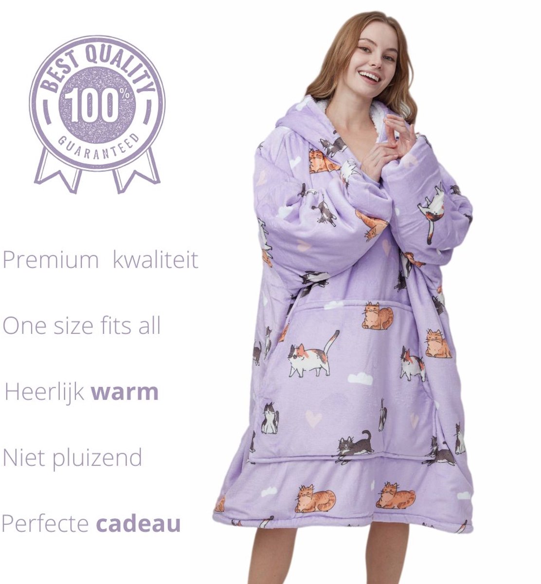 Q-Living Hoodie Deken - Plaid Met Mouwen - Hoodie - Snuggle Hoodie - Fleece Deken Met Mouwen - 1450 gram - Kat - Lila — cadeau in Wonen & Interieur - foto 2