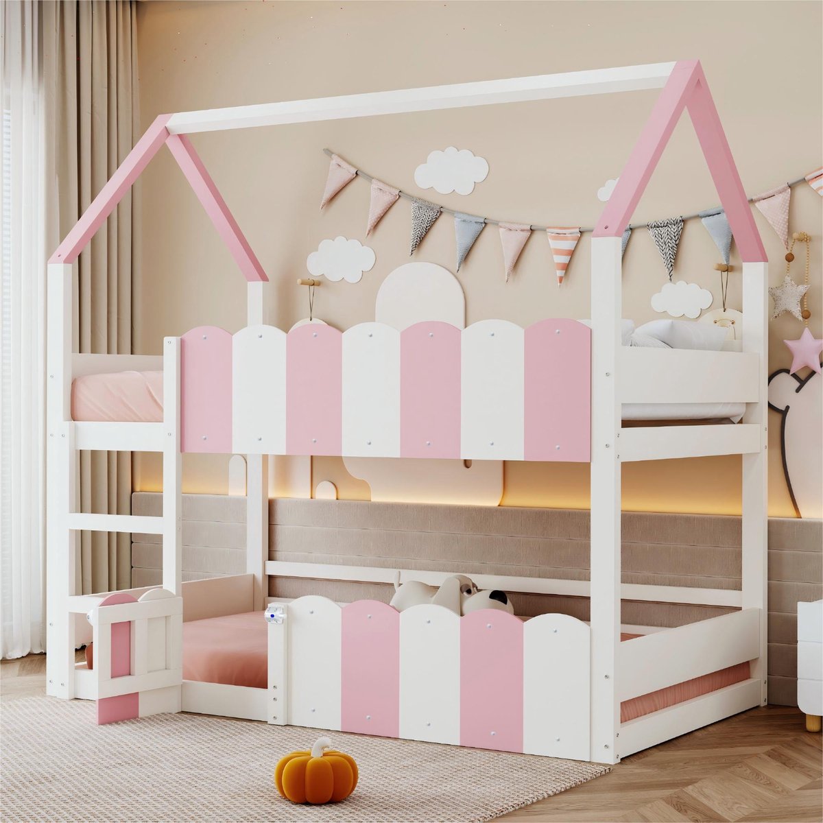 Sweiko Hoogslaper - 90 x 200 cm - Huisontwerp - Kinderbed - Veiligheidshekken - Roze