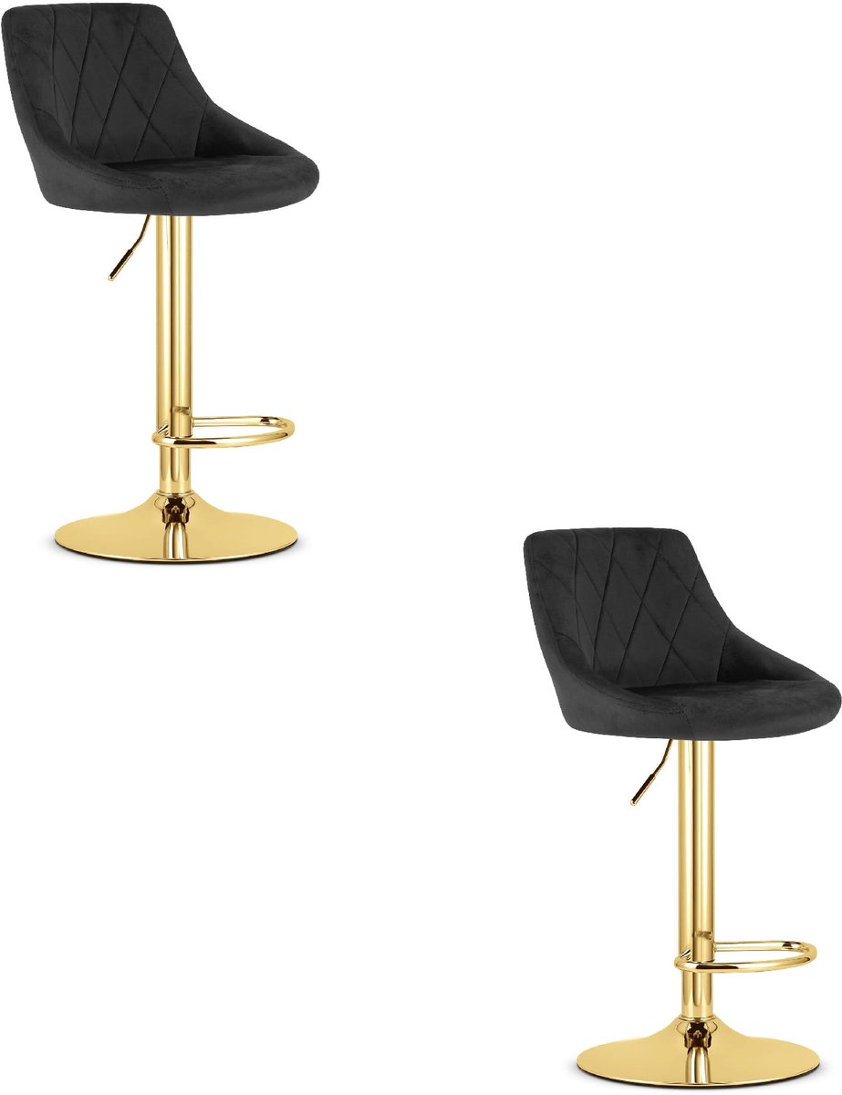 LEOBERT Set van 2 Barkrukken AREX – Velvet Zwart – Goudkleurig Onderstel – Hoogte Verstelbaar – 360° Draaibaar – Modern Design – Max. 110 kg
