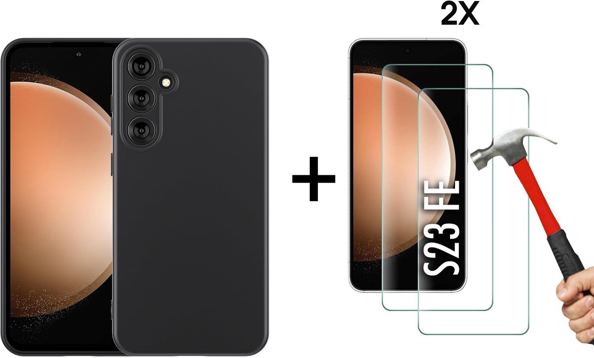 Hoesje geschikt voor Samsung Galaxy S23 FE Hoesje - zwart matte siliconen case - S23 FE back cover met 2X Screenprotector - EPICMOBILE