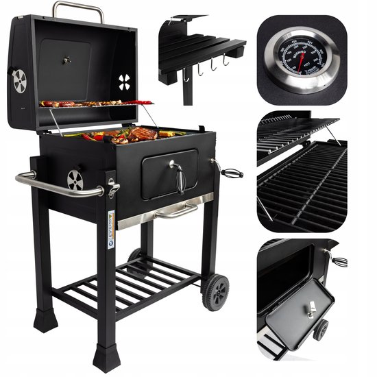 Barbecue, grill, grillwagen, XXL, houtskoolgrill met deksel, wielen, roestvrijstalen handgreep, grillrooster en thermometer, houtskoolgrill, grote kolen, barbecue, camping, terras, tuin, 107 x 115 x 68 cm