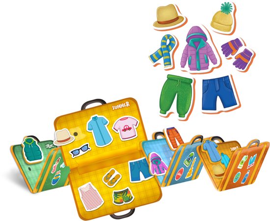 Vier koffers en winterkleding, waaronder een jas, muts, sjaal, handschoenen en broeken.