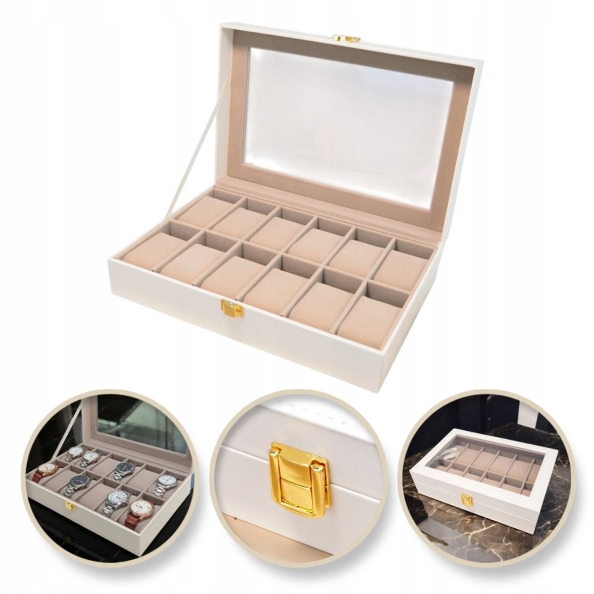 Elegante Witte Horlogedoos voor 12 Horloges - Kunstleer - 30x20x8 cm