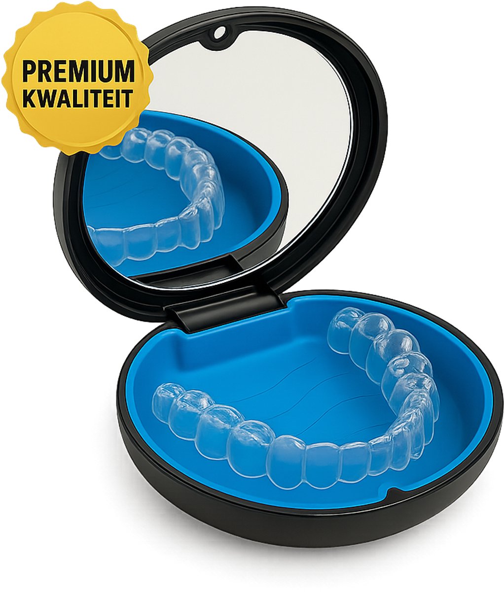 Invisalign Doosje – Premium Zwart/Blauw Aligner & Retainer Case / Bakje voor Nachtbeugel & Knarsbitje – Met Spiegel & Super Sterke Magneetsluiting