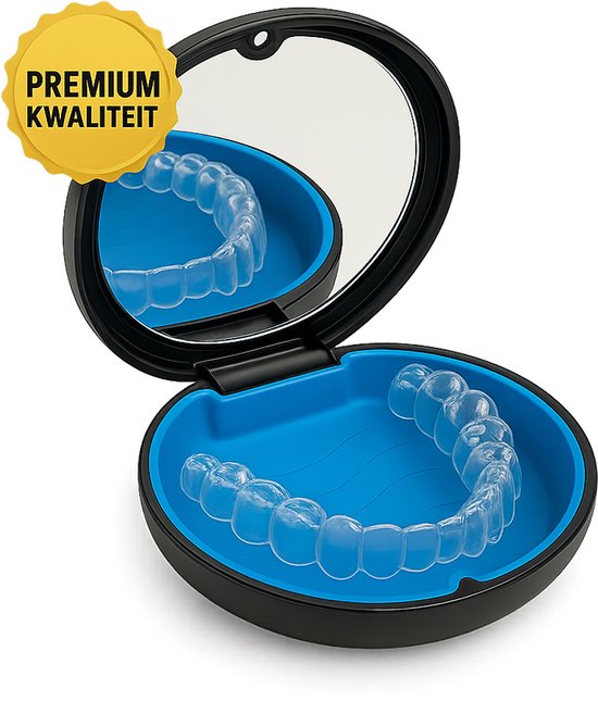 Blauw beugeldoosje met transparante aligners en een 'PREMIUM KWALITEIT' zegel. Met spiegel, op zwarte achtergrond.