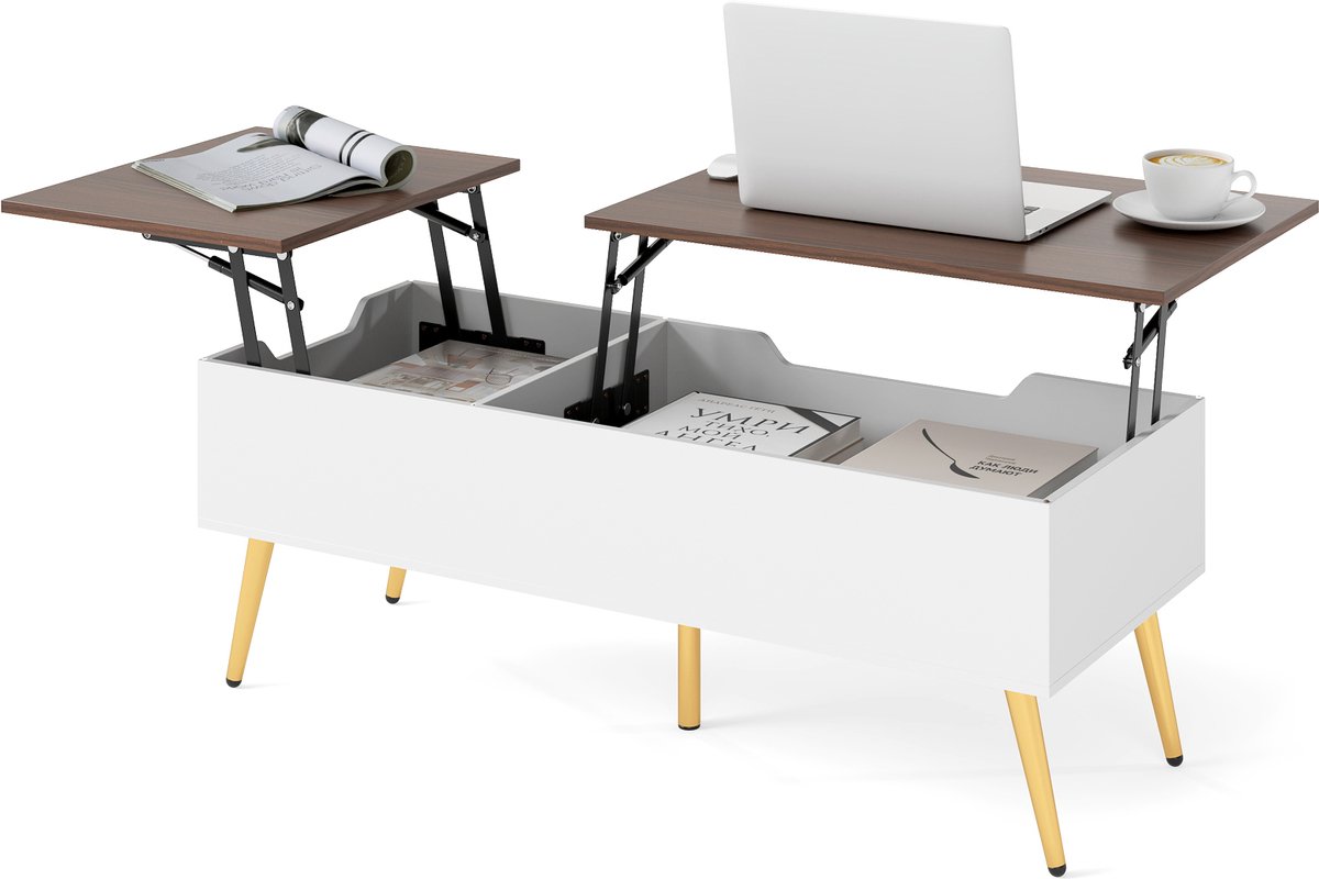 Costway Salontafel in hoogte verstelbaar, woonkamertafel met opklapbaar tafelblad en 2 verborgen opbergvakken, bijzettafel, hout, banktafel voor woonkamer, kantoor, 111 x 48 x 40-53,5 cm, walnoot