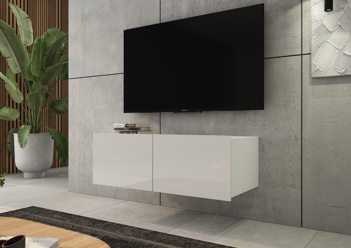 Promeubels - Tv meubel Cosenza - Wit hooglans - 100cm - Tv kast - Hangend of staand