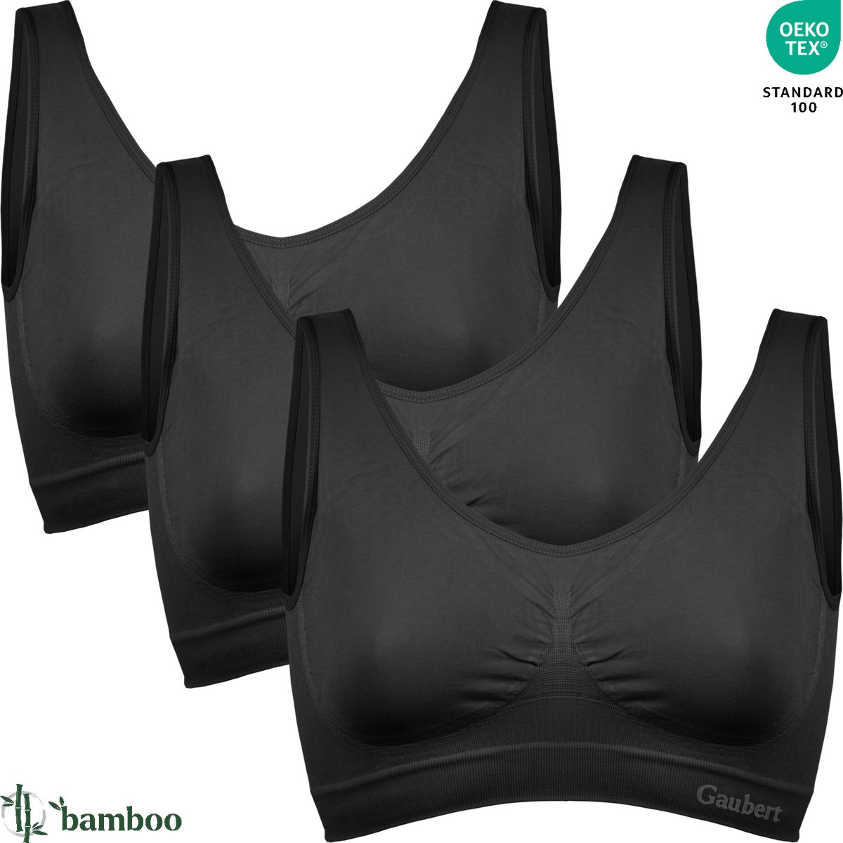 GAUBERT ® 3-Pack Naadloze Bamboe Comfort BH Top - Beha Zonder Beugel - Zonder Vulling - Bamboe Ondergoed - Zwart - GBTW-3106-Black Zonder Vulling, Zwart