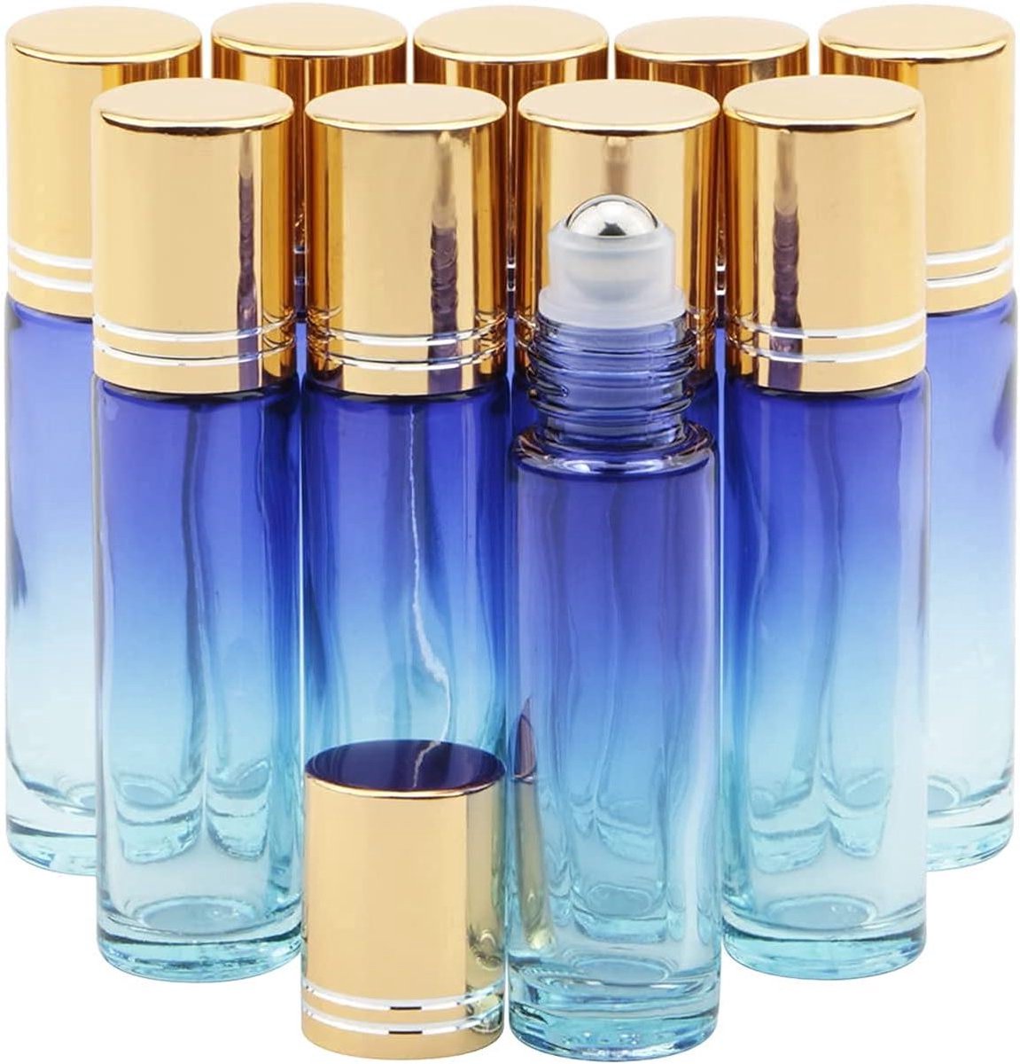 Image of 10-delige set 10 ml navulbare rollerball flessen voor essentiële oliën - met gouden dop - blauw verloop