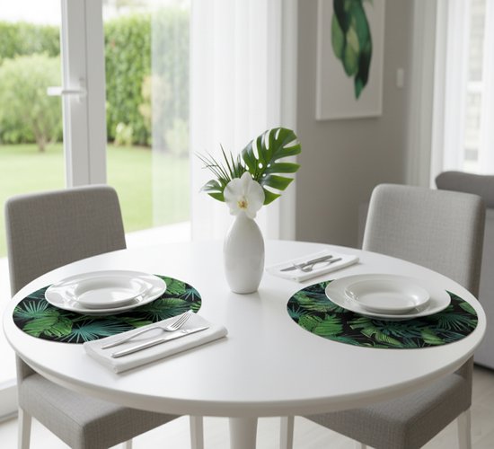 Velvet textile placemat met hout - Donker palmbladeren - 2 stuks - 33 cm - Onderlegger
