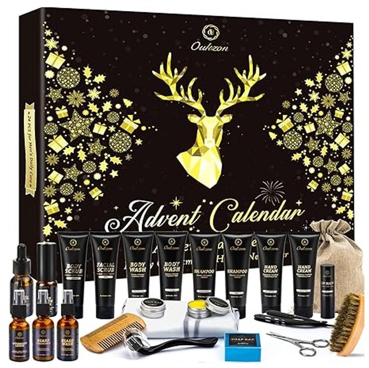 Luxe Adventskalender Mannen 2025 – 24-delige Beauty & Verzorgingsset voor Lichaam, Gezicht, Haar & Baard – Kerstcadeau voor Hem (Papa/Vriend)