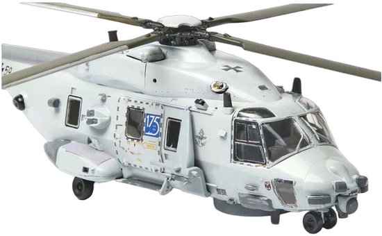 Grijze NH90 NFH Navy helikopter model, schaal 1:72, met focus op de voorkant en cockpit.