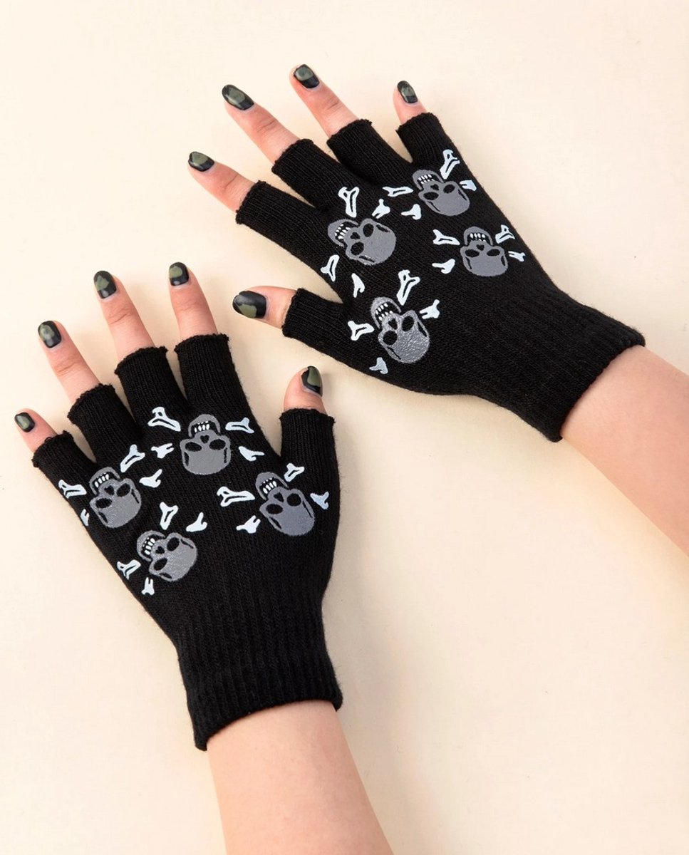Vingerloze handschoenen met doodshoofdprint
