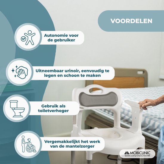Witte toiletstoel met grijze zitting en rugleuning, met functies voor autonomie.