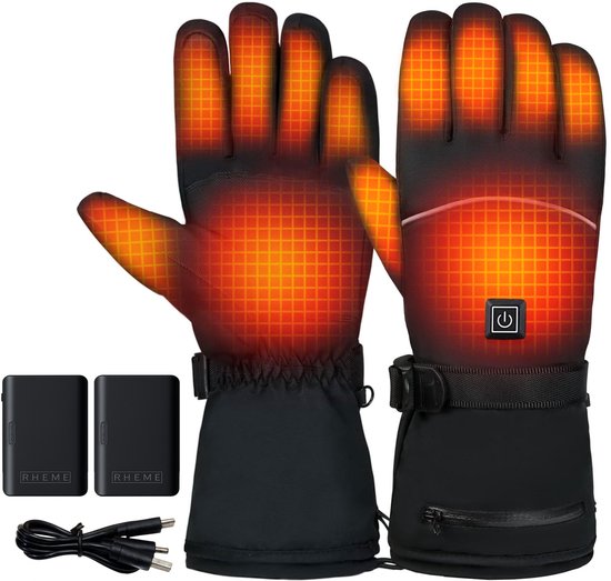 Zwart verwarmbare handschoenen met oranje gloed, inclusief twee RHEME batterijpakketten en laadkabel.