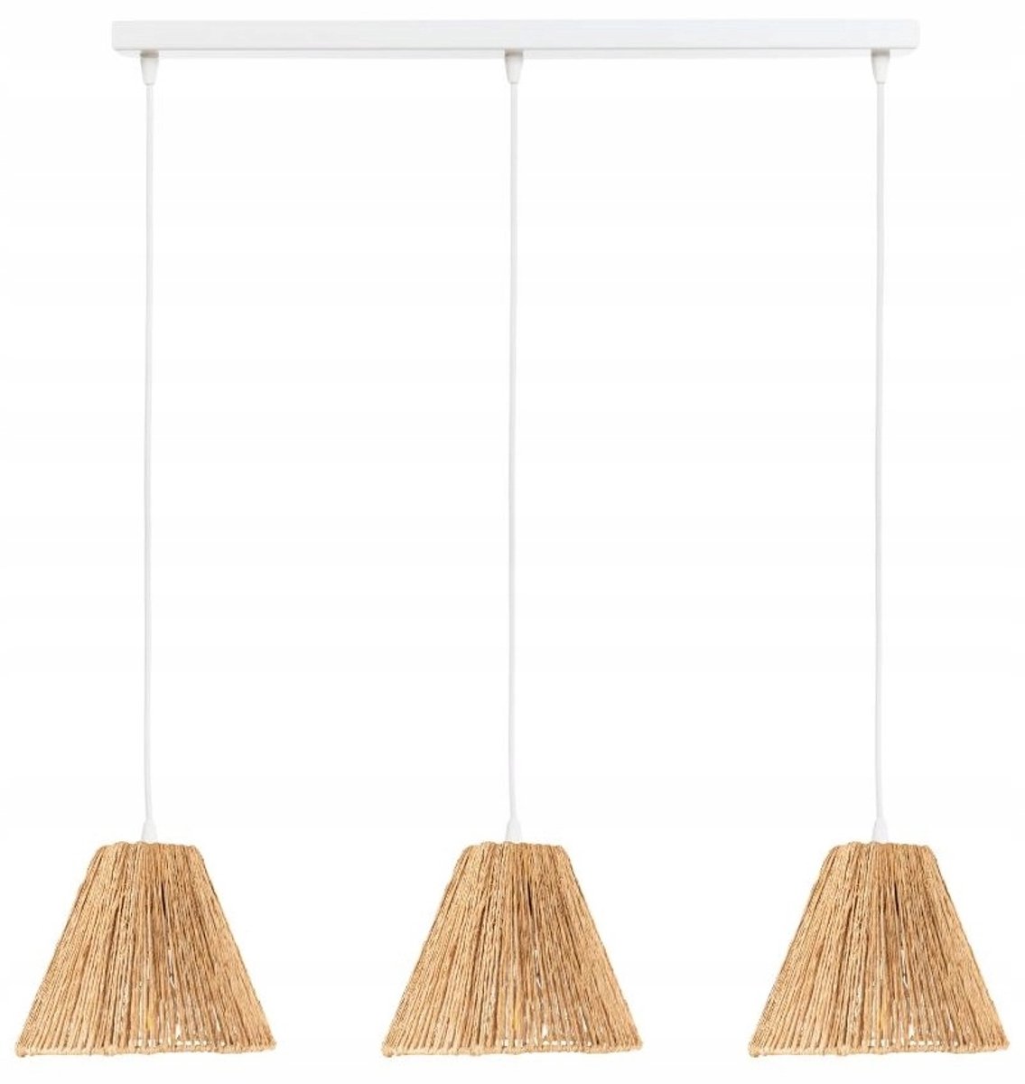 Moderne hanglamp met 3 zeegras kappen, wit metaal