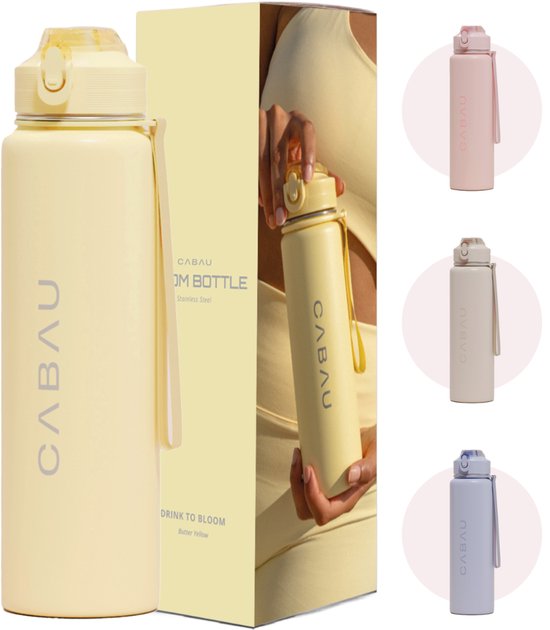 Cabau Bloom RVS Waterfles 870ml Butter Yellow | Geïsoleerde BPA-vrije & Lekvrije Thermosfles | Duurzame Herbruikbare Drinkfles met Schoonmaakborstel & Draagkoord | BPA vrij Sportfles Dames | Waterfles Volwassenen | Cadeau voor Haar