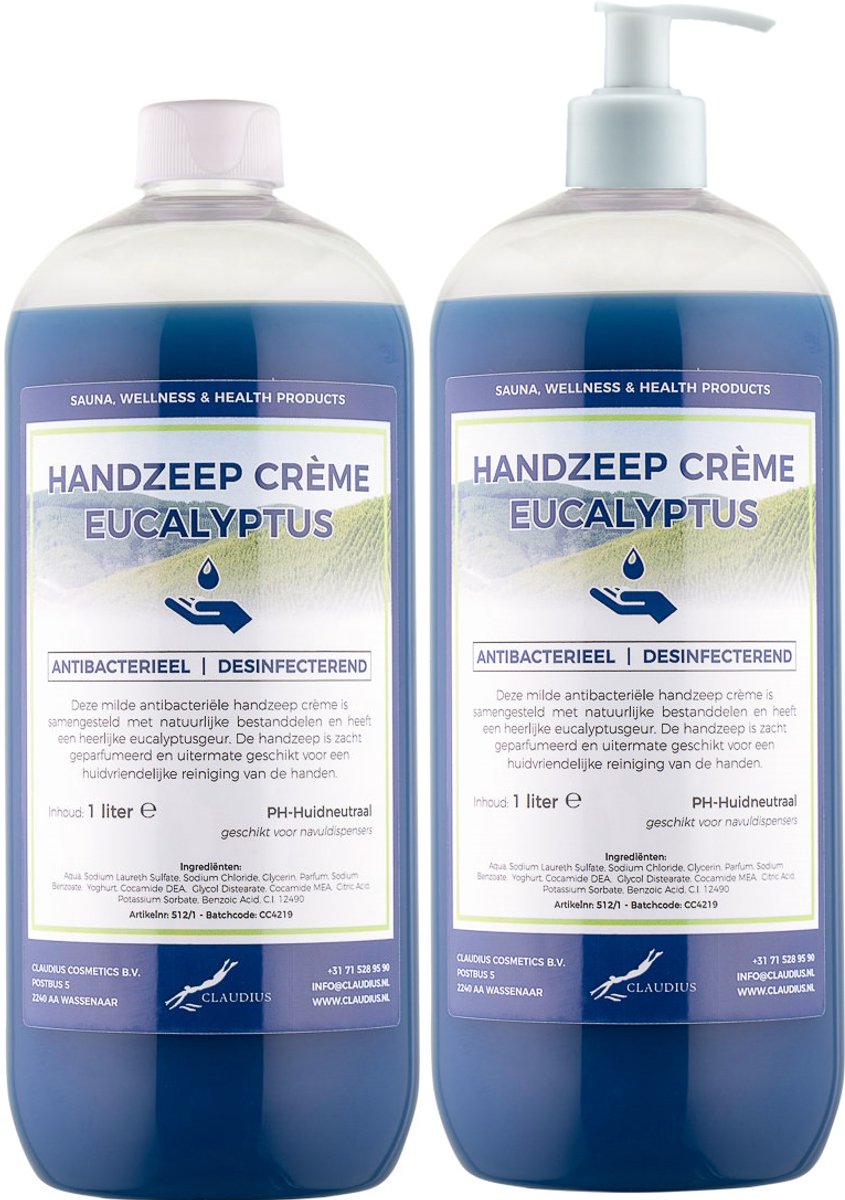 Handzeep Crème Eucalyptus 1 liter - set van 2 stuks - met gratis pomp - Voordeelverpakking