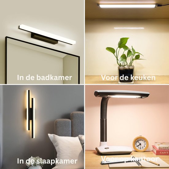 Voorbeelden van tl-buis toepassingen in badkamer, keuken, slaapkamer en kantoor.