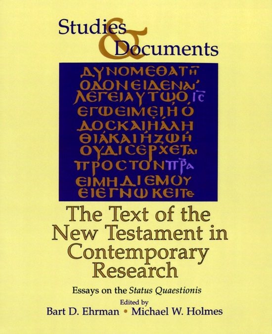 Boek kaft met Griekse tekst en titel 'The Text of the New Testament in Contemporary Research'.