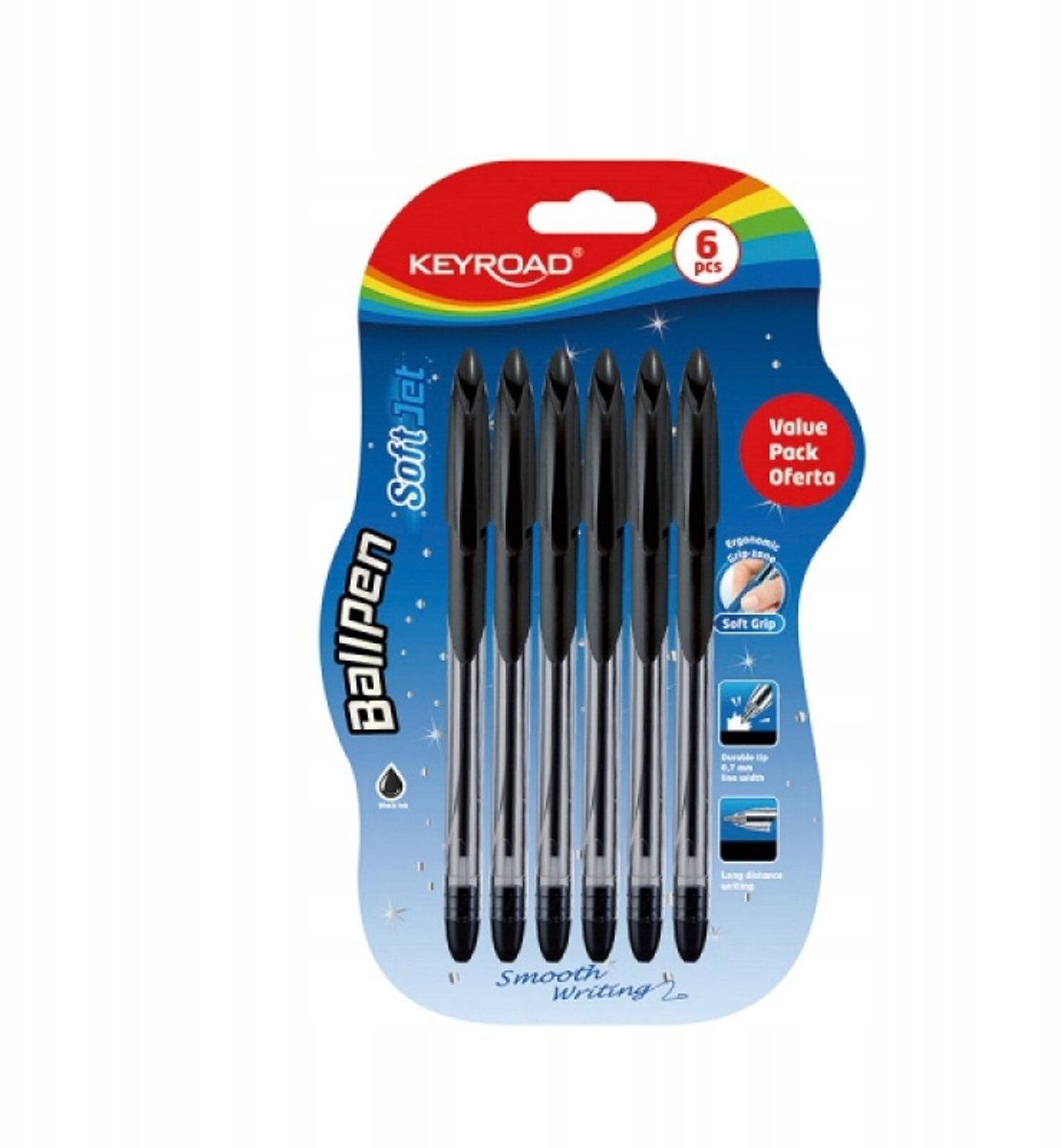 KEYROAD Soft Jet Balpen Zwart 0.7mm - 6 Stuks