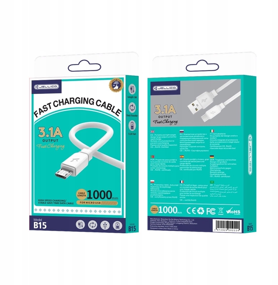 JELLICO B15 Micro USB Kabel 3.1A 1M Wit