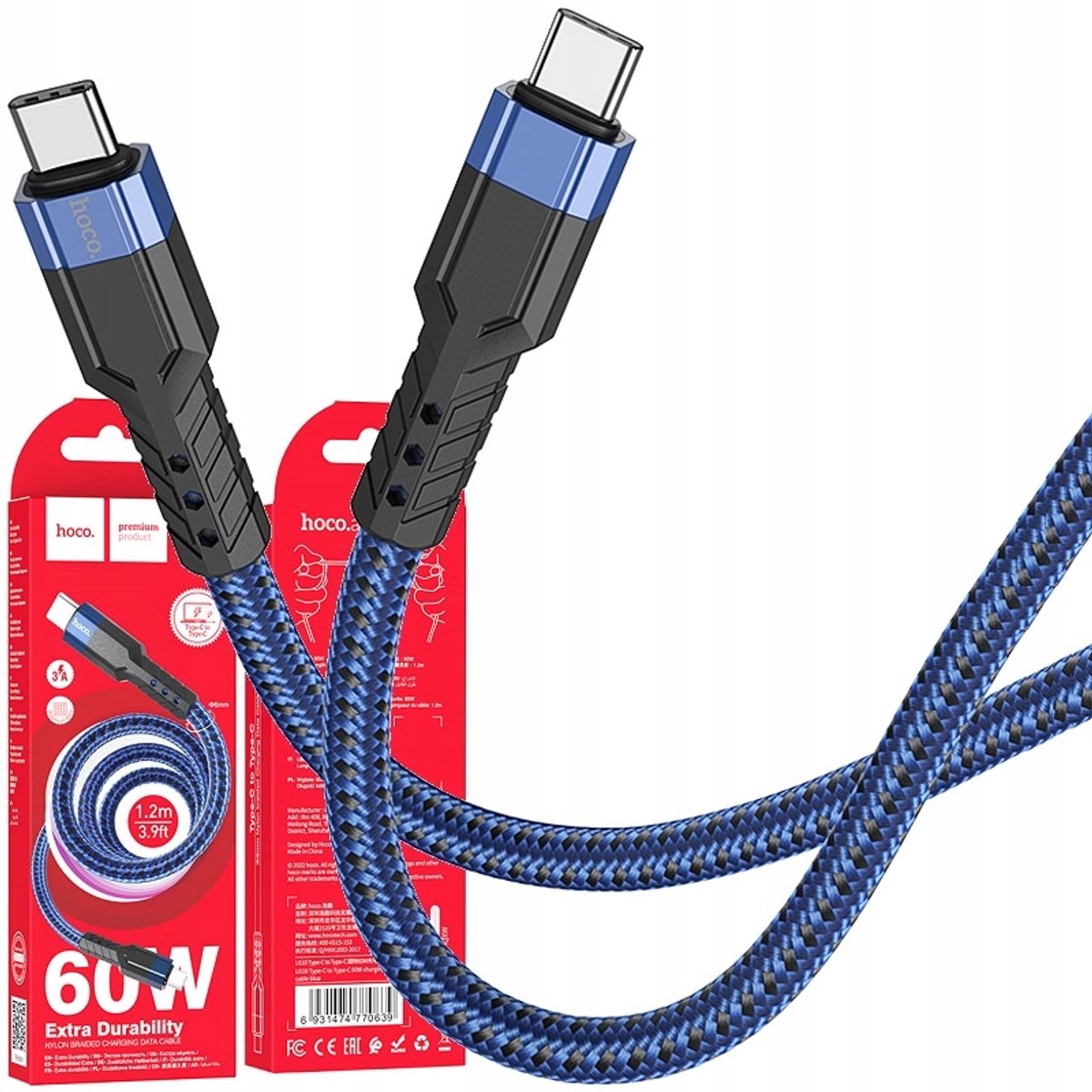 Hoco U110 USB-C naar USB-C Kabel 1.2m 60W PD Quick Charge Blauw