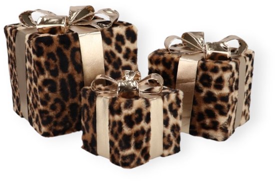 Daan Kromhout – Pluche Cadeautjes – Panterprint - Cadeautjes – Set/3 – Met ledverlichting – Kerst – Kerstdecoratie