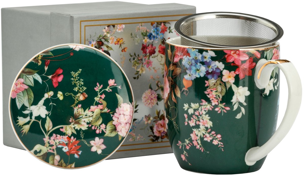 Merkloos Groene Mok met Bloemendecor en Theefilter - 380ml