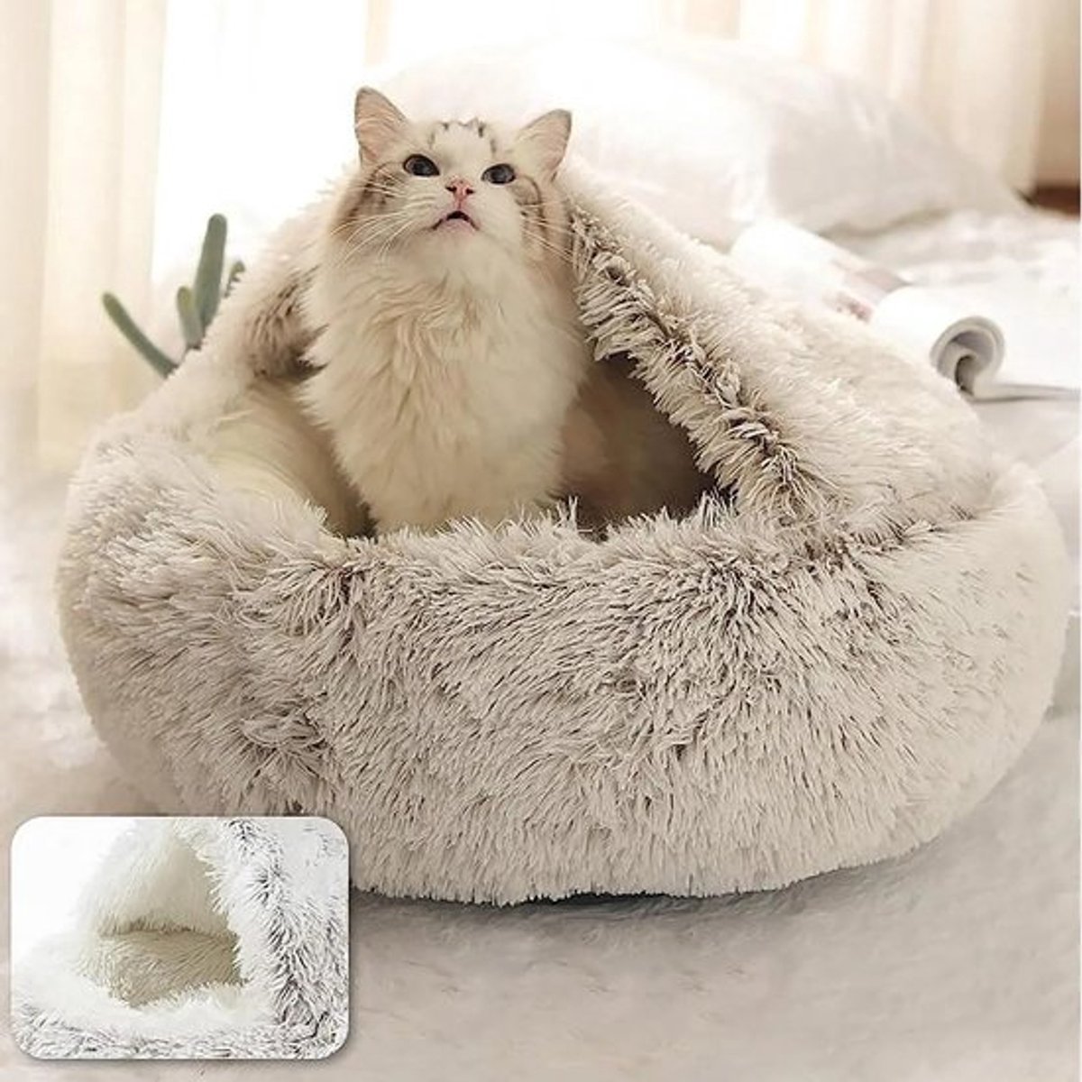 Kattenmand “Shell” Ø 50 cm – Extra Gevuld & Comfortabel – Luxe Pluche – Halfgesloten Ontwerp – Antislip Bodem – Gradiënt Bruin