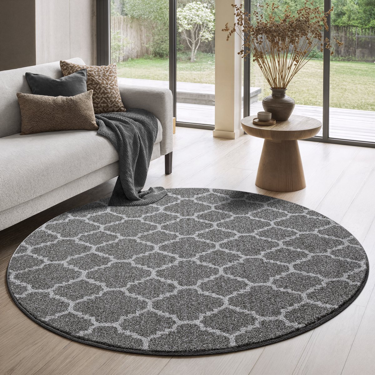 Muratap Boho Rond Klasik Laagpolig Vloerkleed Grijs- 200 CM Ø