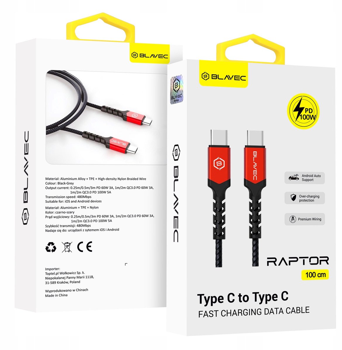 Blavec Raptor USB-C naar USB-C Kabel - 100W PD, 5A, 1m, Zwart/Rood