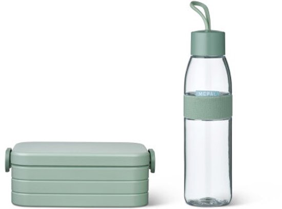 Boîte à lunch verte à 3 couches et une bouteille d'eau transparente avec bande verte.