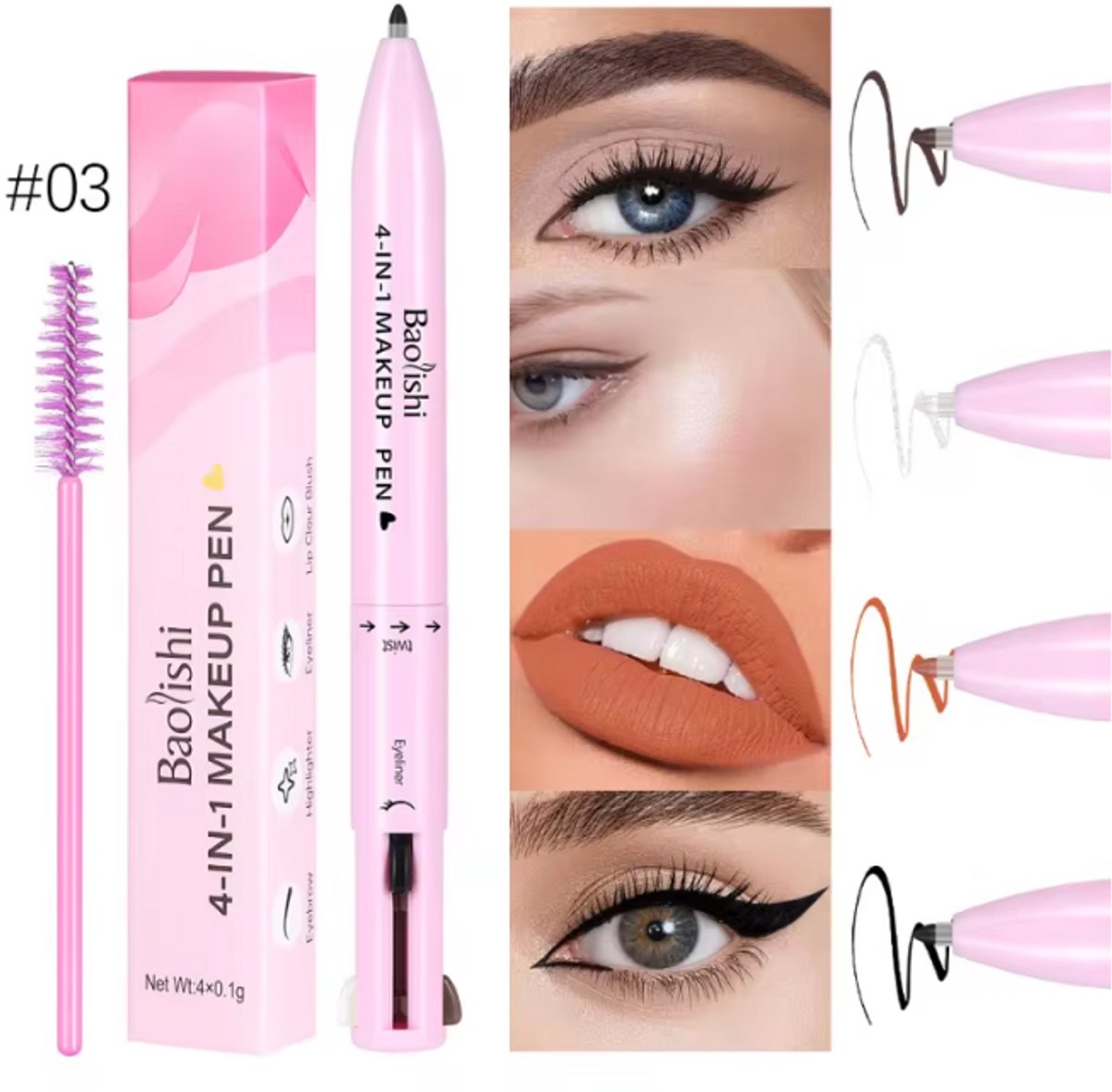 4-in-1: Lipliner, Wenkbrauwpotlood- Highlighter en Eyeliner - Met Extra wimper en wenkbrauw borstel– Make up - Alles in 1 - Compact & Handig | Ideaal Cadeau