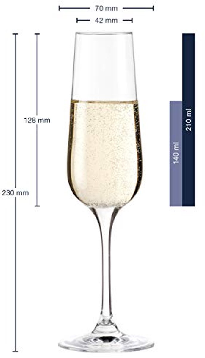 Set van 6 Champagneglazen met Getrokken Steel - Vaatwasmachinebestendige Prosecco Glazen (230mm, 210ml)