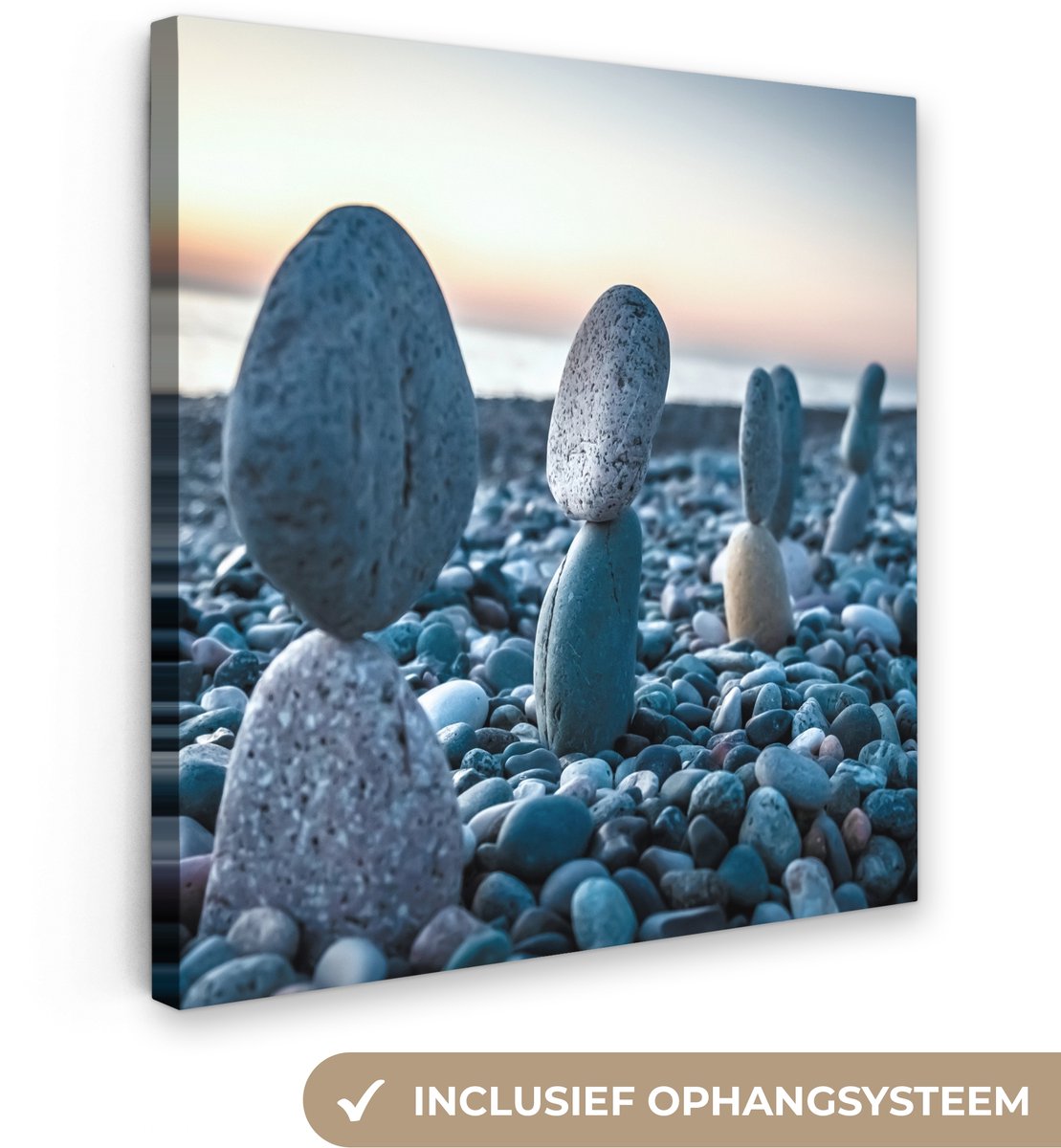 Canvas schilderij 20x20 cm - Wanddecoratie badkamer Zen stenen - Zonsondergang - Zee - Muu