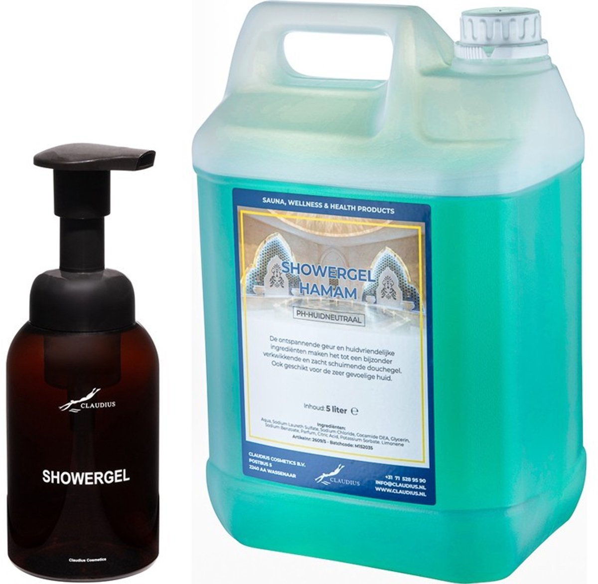 Zeepdispenser 300 ml amber bruin hervulbaar + 5 liter Showergel Hamam navulling