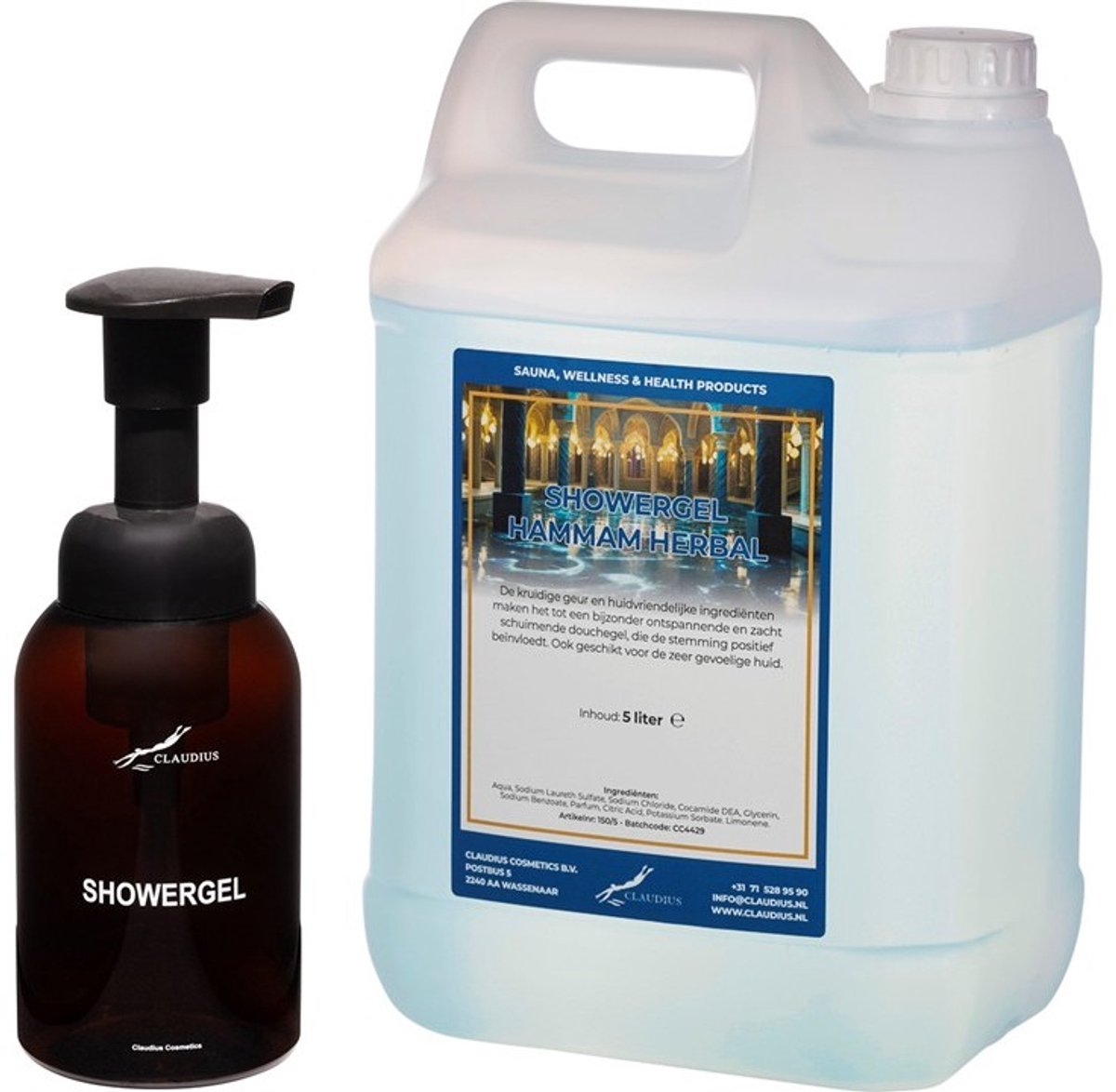 Zeepdispenser 300 ml amber bruin hervulbaar + 5 liter Showergel Hammam Herbal navulling