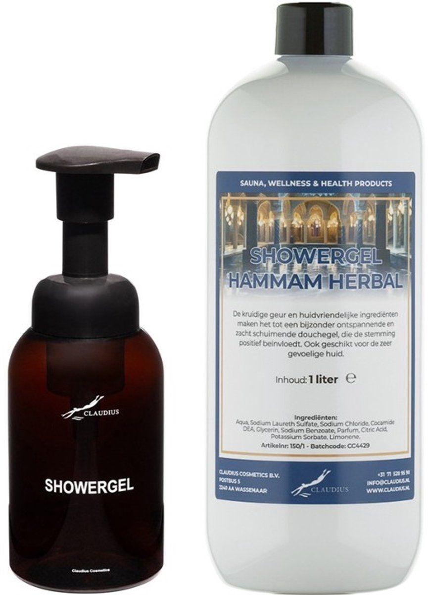 Zeepdispenser 300 ml amber bruin hervulbaar + 1 liter Showergel Hammam Herbal navulling