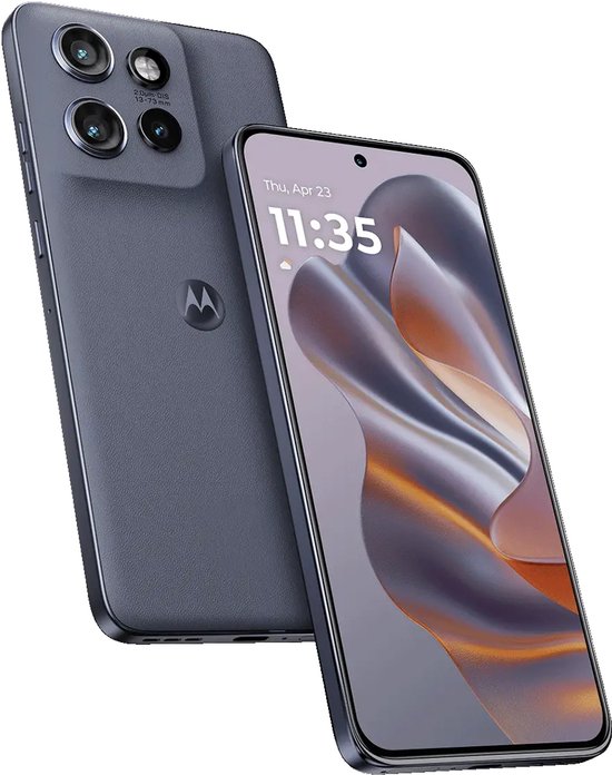Motorola edge 60 Neo smartphone in Pantone Grisaille, met drievoudige camera en voorkant.