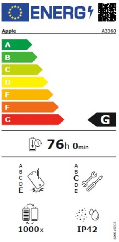 Energie-etiket voor een Apple apparaat, met energielabel G, 76 uur batterijduur, 1000x laadcycli en IP42.